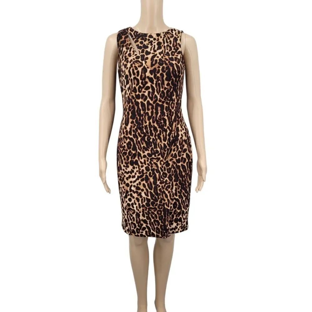 Ralph Lauren Leopard Print Sheath Midi Dress Slit Cut Out Mobwife Animal Print